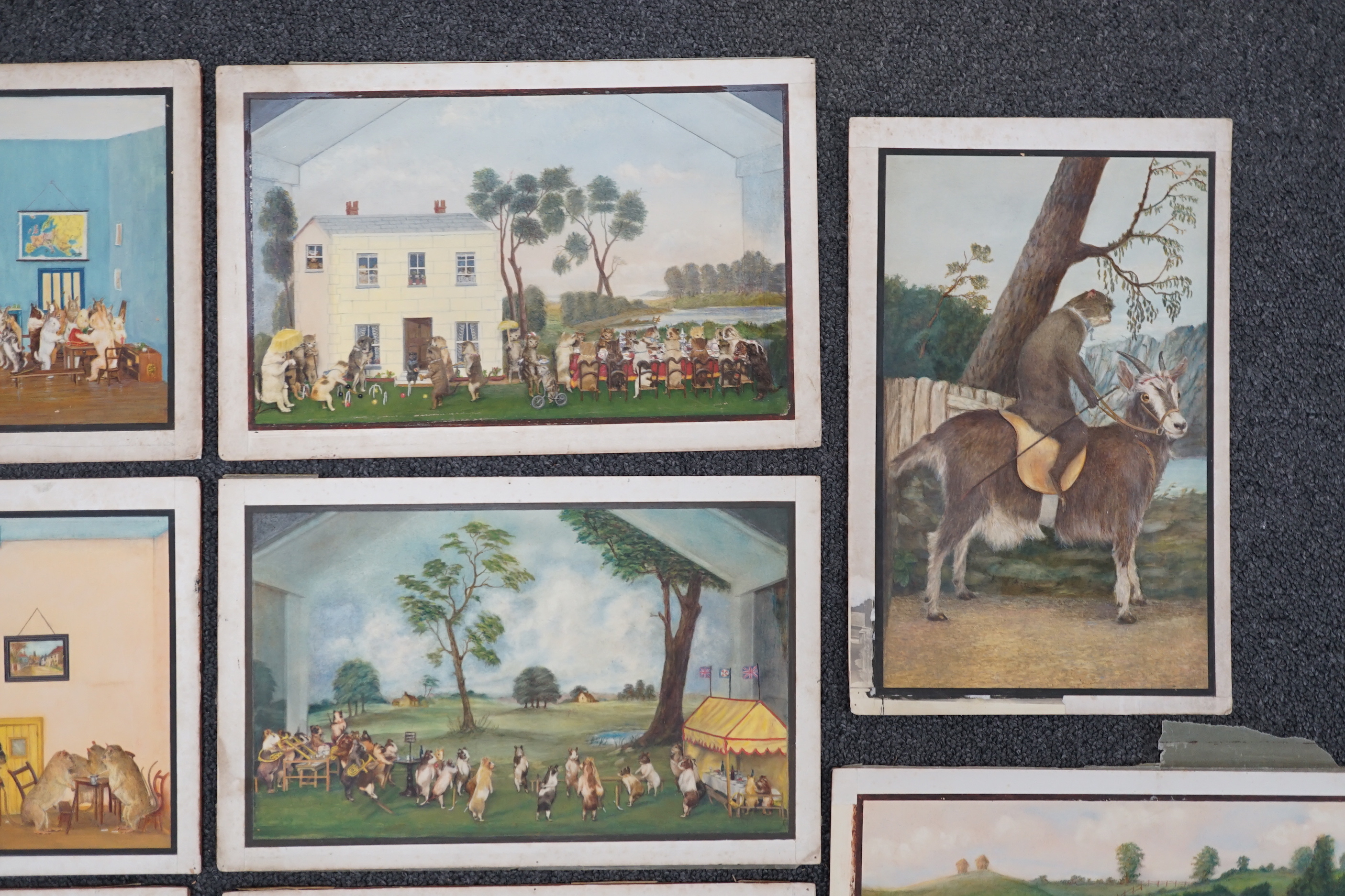 1930's English School, a set of 11 watercolours, Potter's Museum of Taxidermy, Bramber, Sussex, produced as designs for postcards, unsigned, 18 x 27cm, unframed